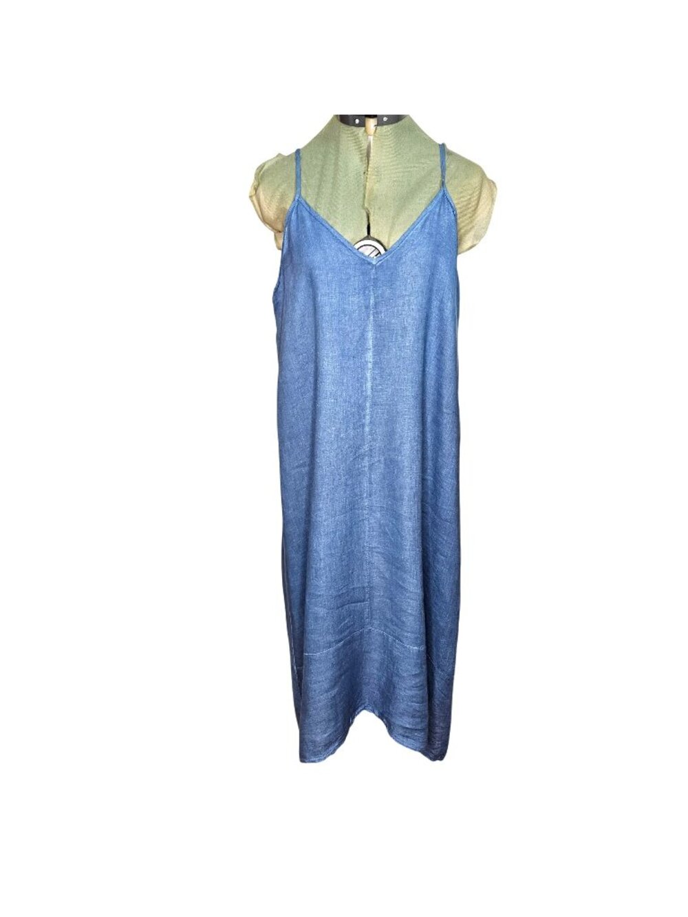 Woman's babydoll spaghetti strap blue 100% linen midi overall beachy dress M-L